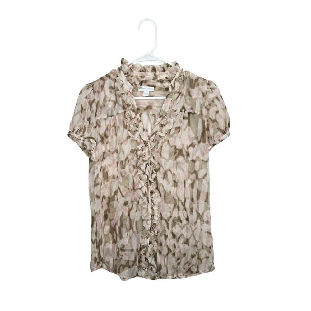 Y2K New York & Co Ruffle Button Front Top Shirt Sheer Womens Brown/Pink Sz M